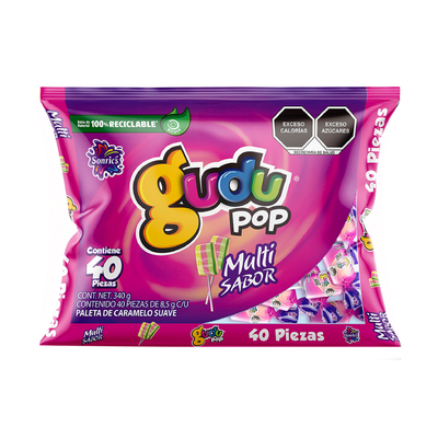 Paleta Gudu Pop Maciza Multisabor Con 40 Piezas De 8.5 Gr