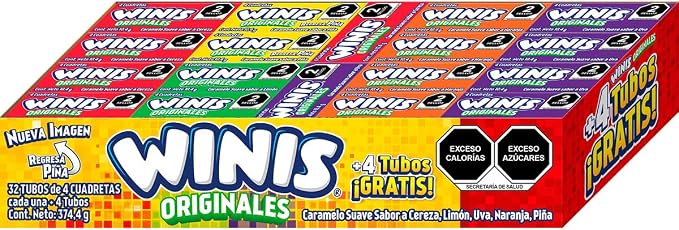 Winis caramelos chiclosos frutales | Variedad de presentaciones Winis tubo 32 pzs
