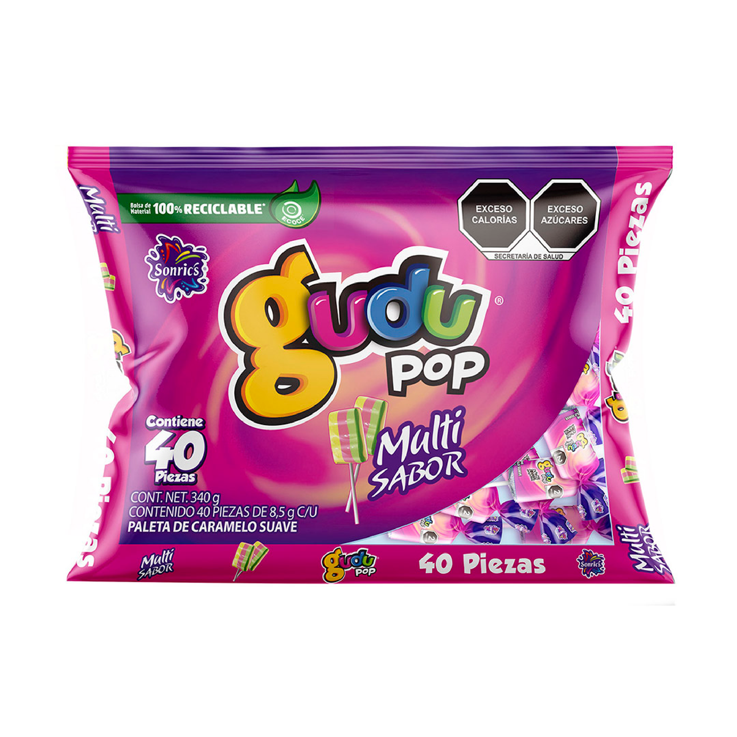 Paleta Gudu Pop Maciza Multisabor Con 40 Piezas De 8.5 Gr