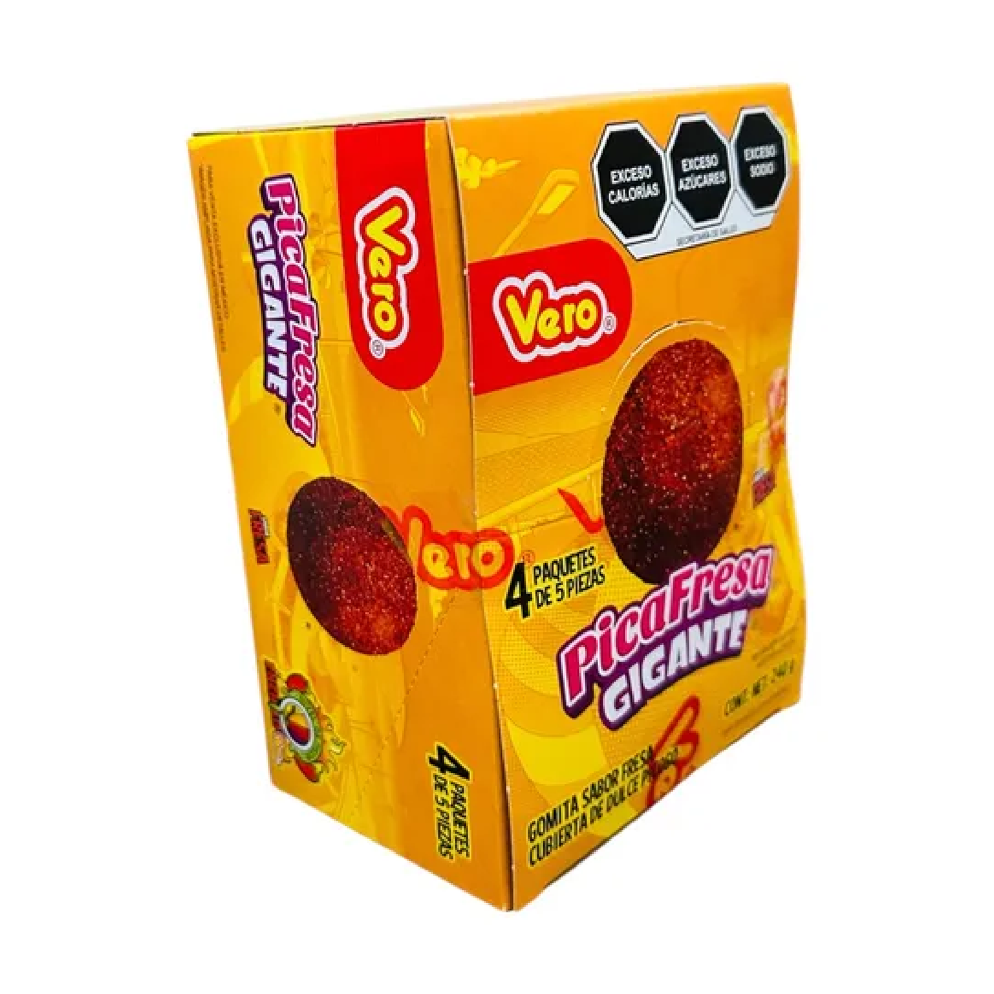 Picafresa Gigante | Paquete Gomita sabor fresa cubierta de dulce picoso. Caja con 4 paquetes
